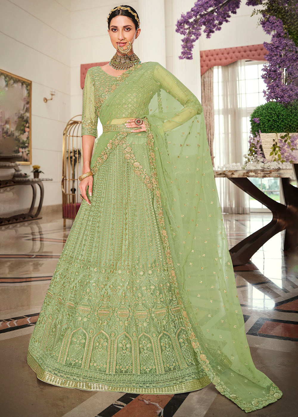 Pine Glade Green Net Designer Lehenga With Heavy Embroidered Work