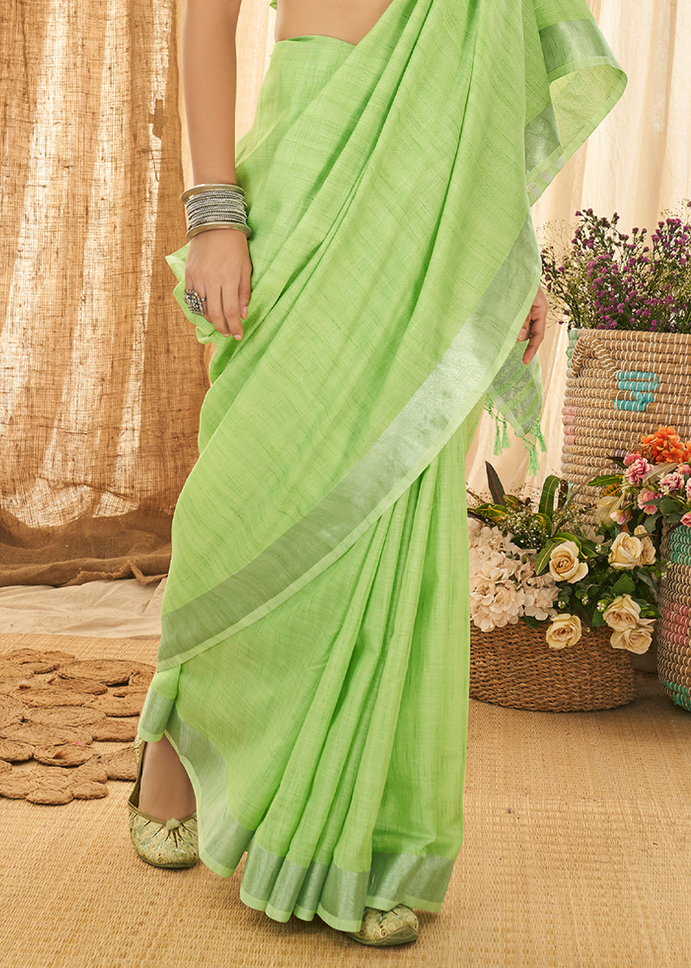 Chelsea Pista Green Zari Woven Linen Saree