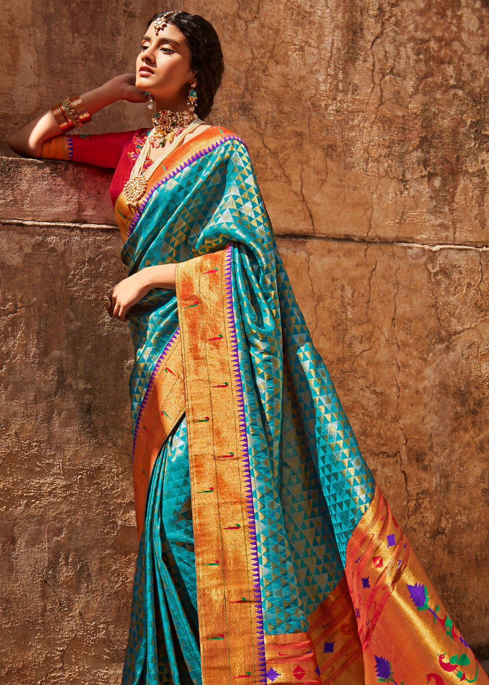 Malachite Blue and Red Zari Woven Designer Banarasi Saree