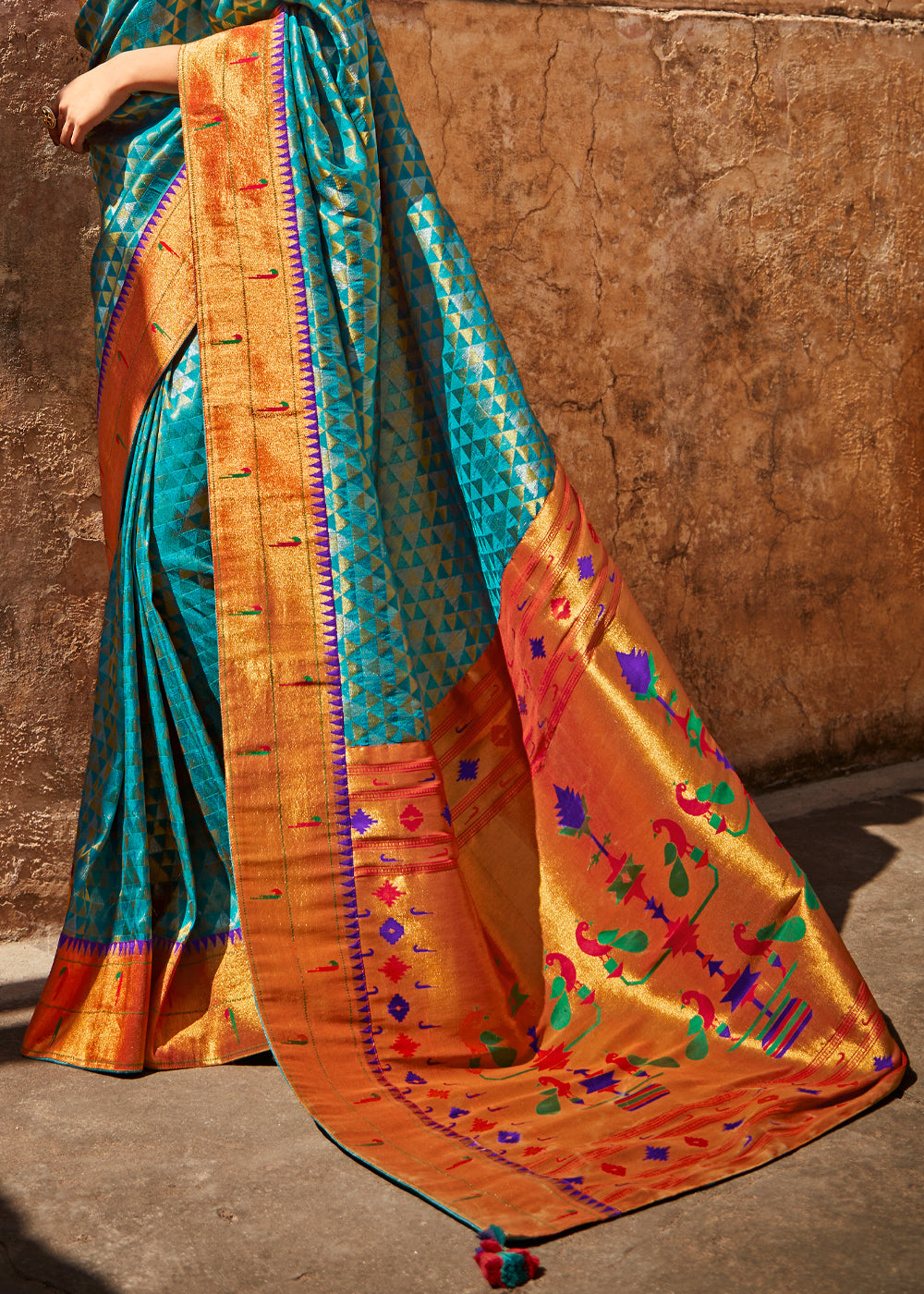 Malachite Blue and Red Zari Woven Designer Banarasi Saree