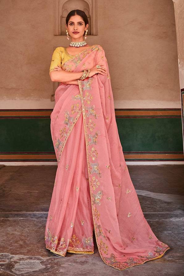 Sweet Pink and Yellow Organza Saree