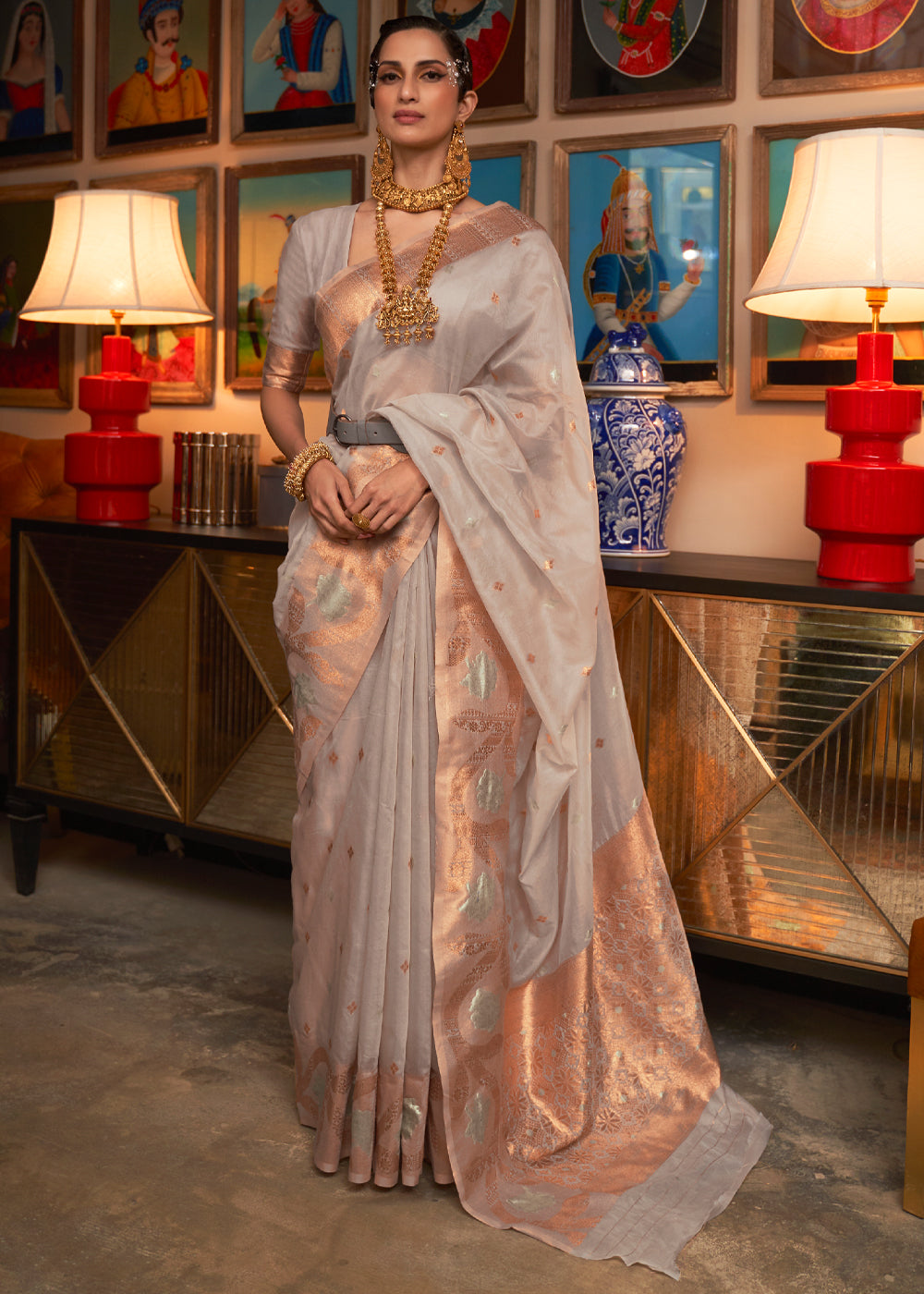 Sandrift Grey Zari Woven Banarasi Organza Saree