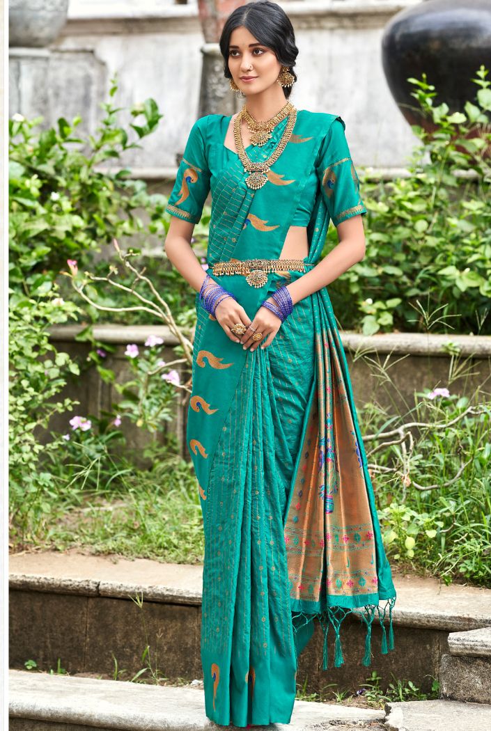 Elf Green Woven Paithani Silk Saree