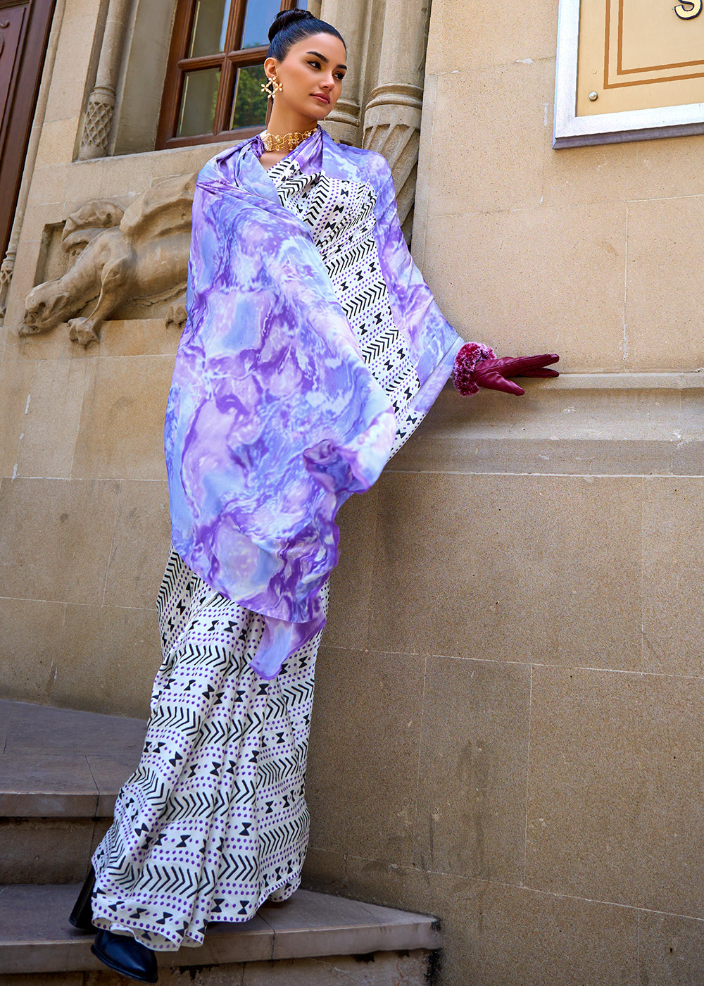 Melrose Lavender Printed Satin Crepe Sarees