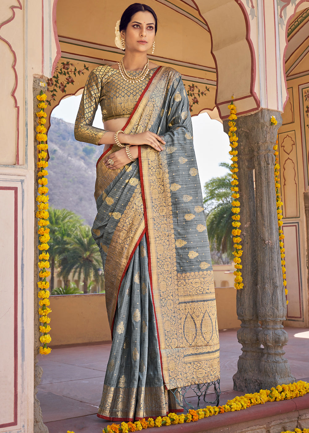 Silver Sand Grey Zari Woven Banarasi Linen Saree