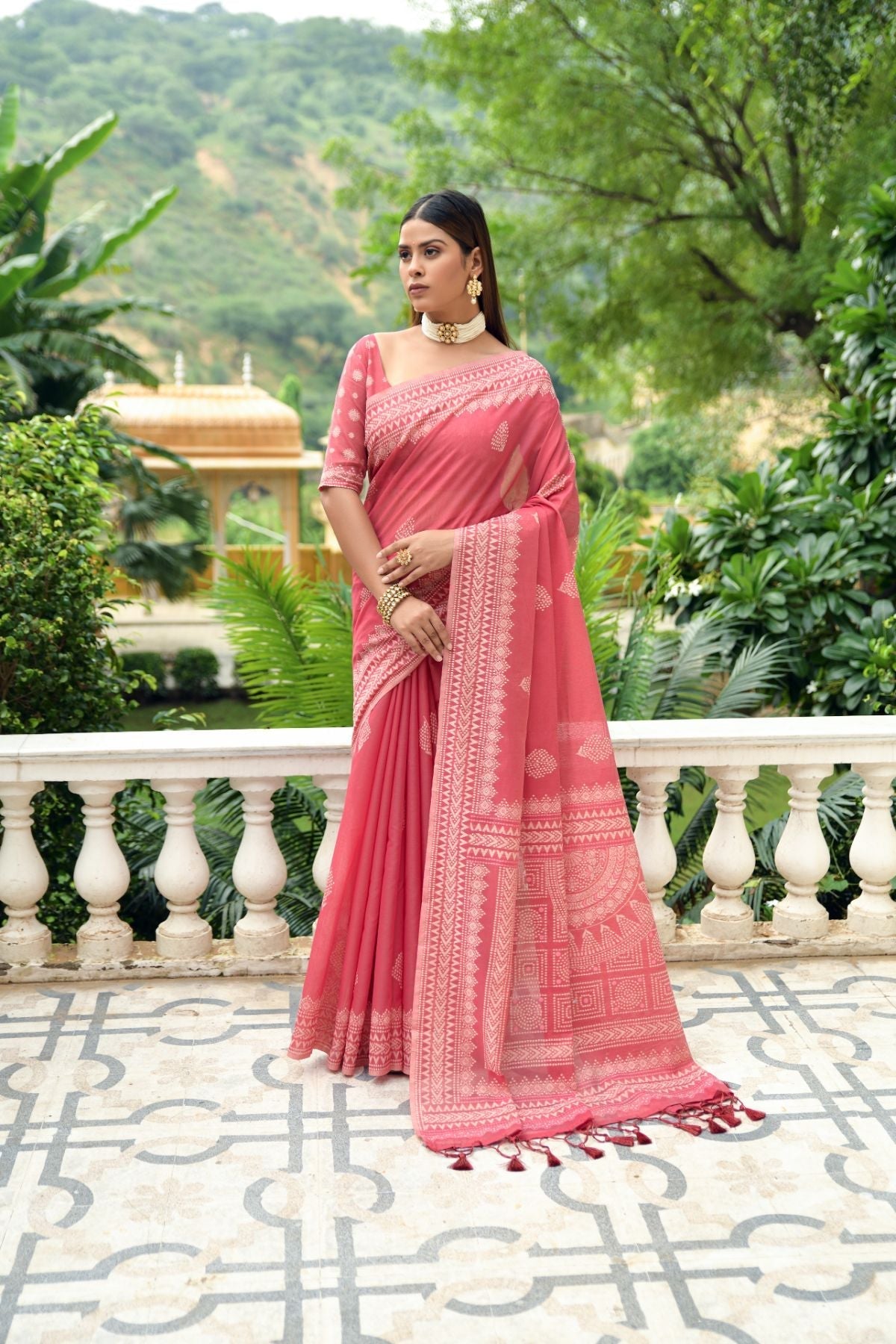 Cornflower Lilac Pink Lucknowi Cotton Saree