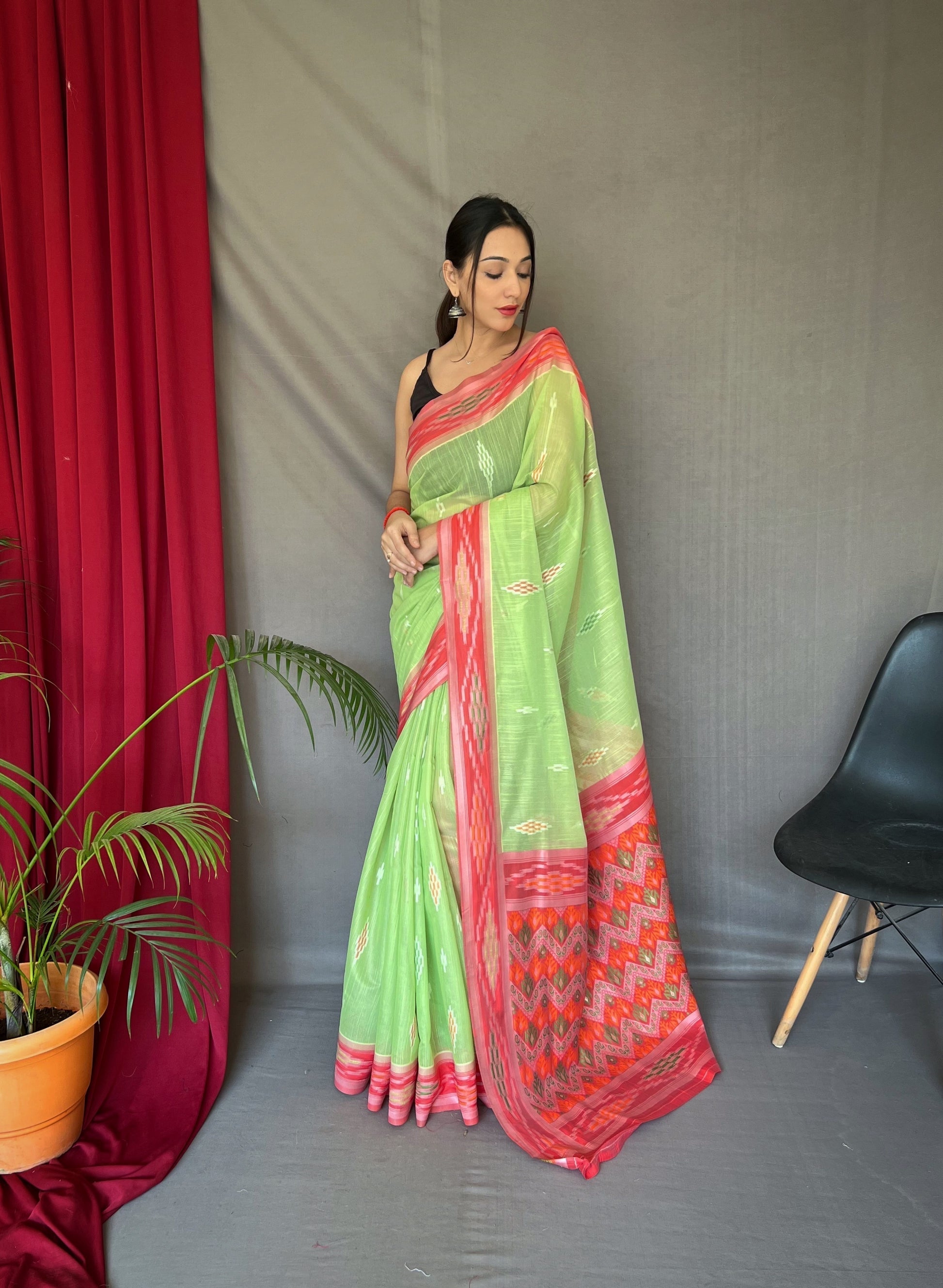 Feijoa Green Ikat Woven Cotton Silk Saree