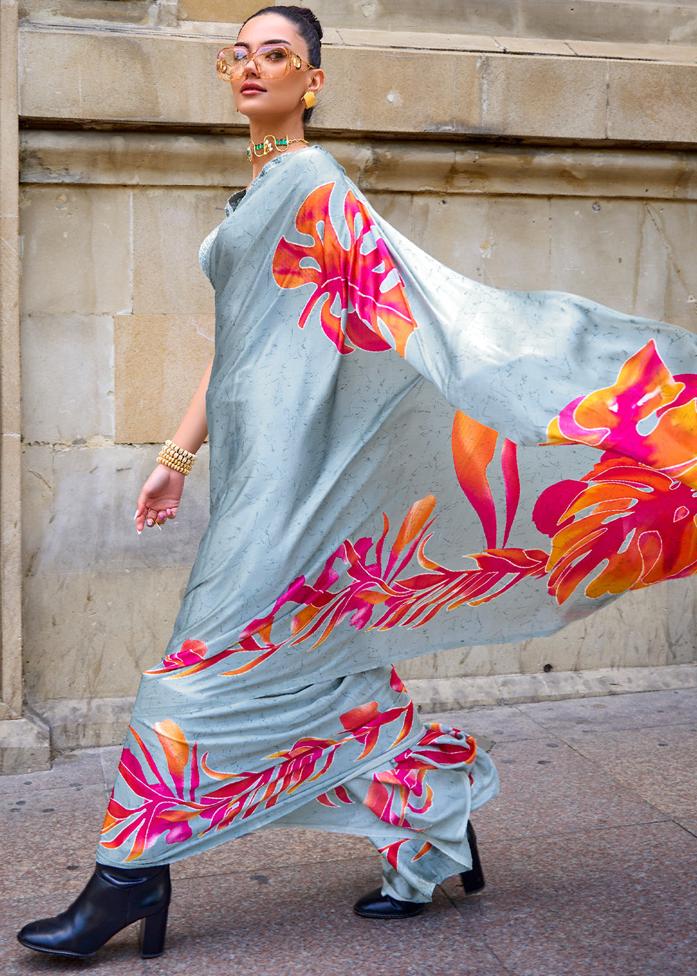 Nepal Blue Printed Satin Crepe Sarees