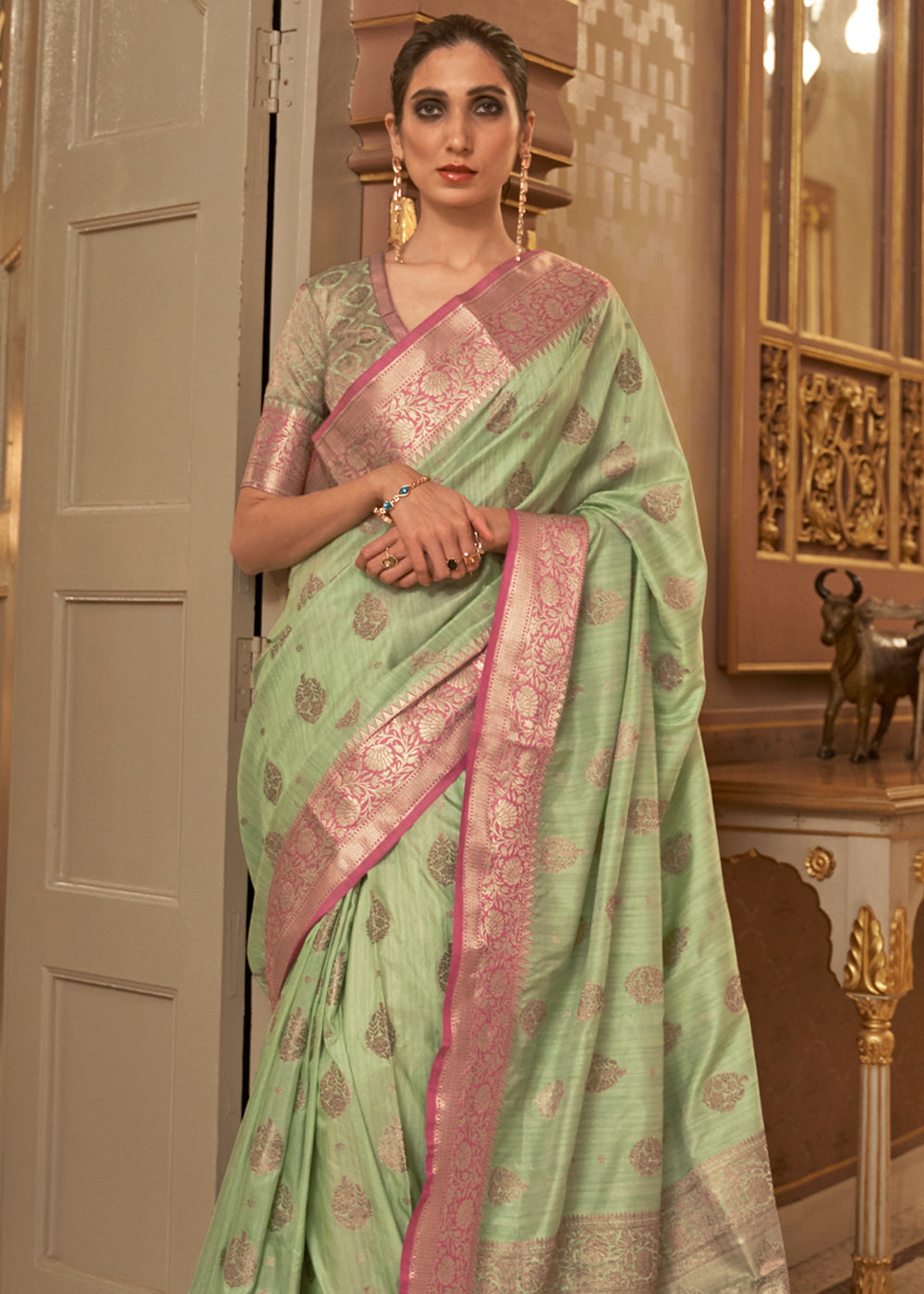 Swamp Green Zari Woven Banarasi Linen Saree