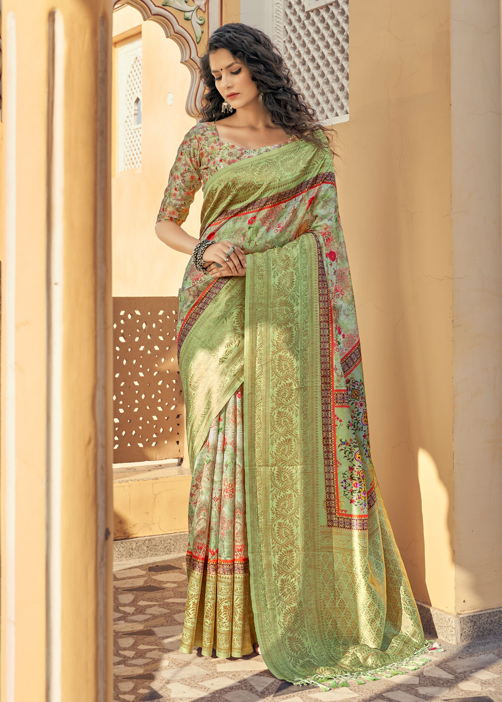 Barley Green Digital Printed Jacquard Silk Saree