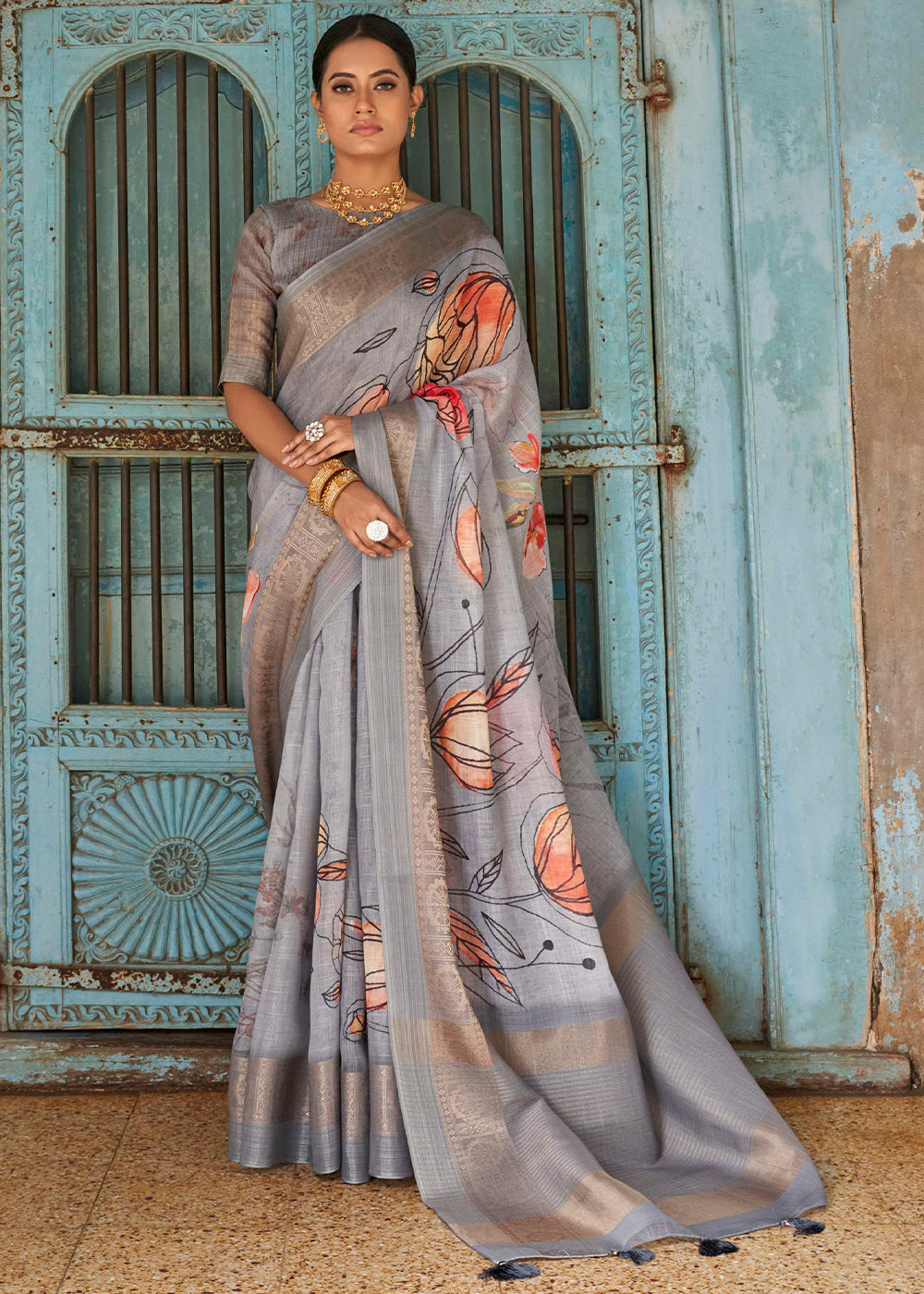 Quick Silver Grey Floral Printed Linen Silk Saree