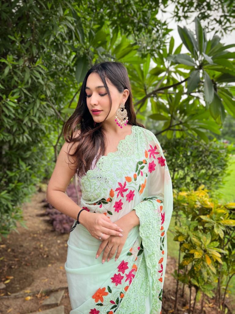 Skeptic Green Georgette Embroidered Woven Thread and Shiffli Work Saree