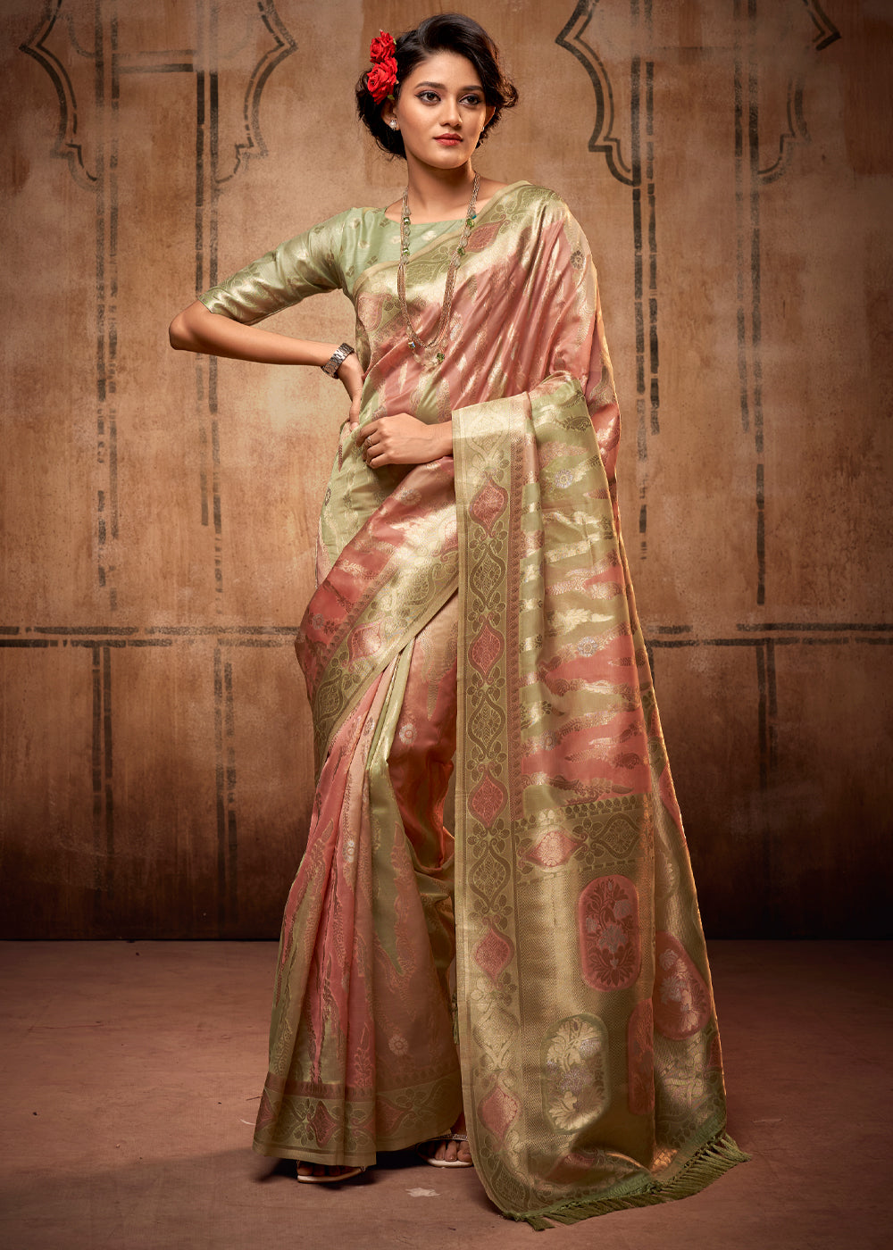 Antique Pink and Green Zari Woven Banarasi Organza Saree