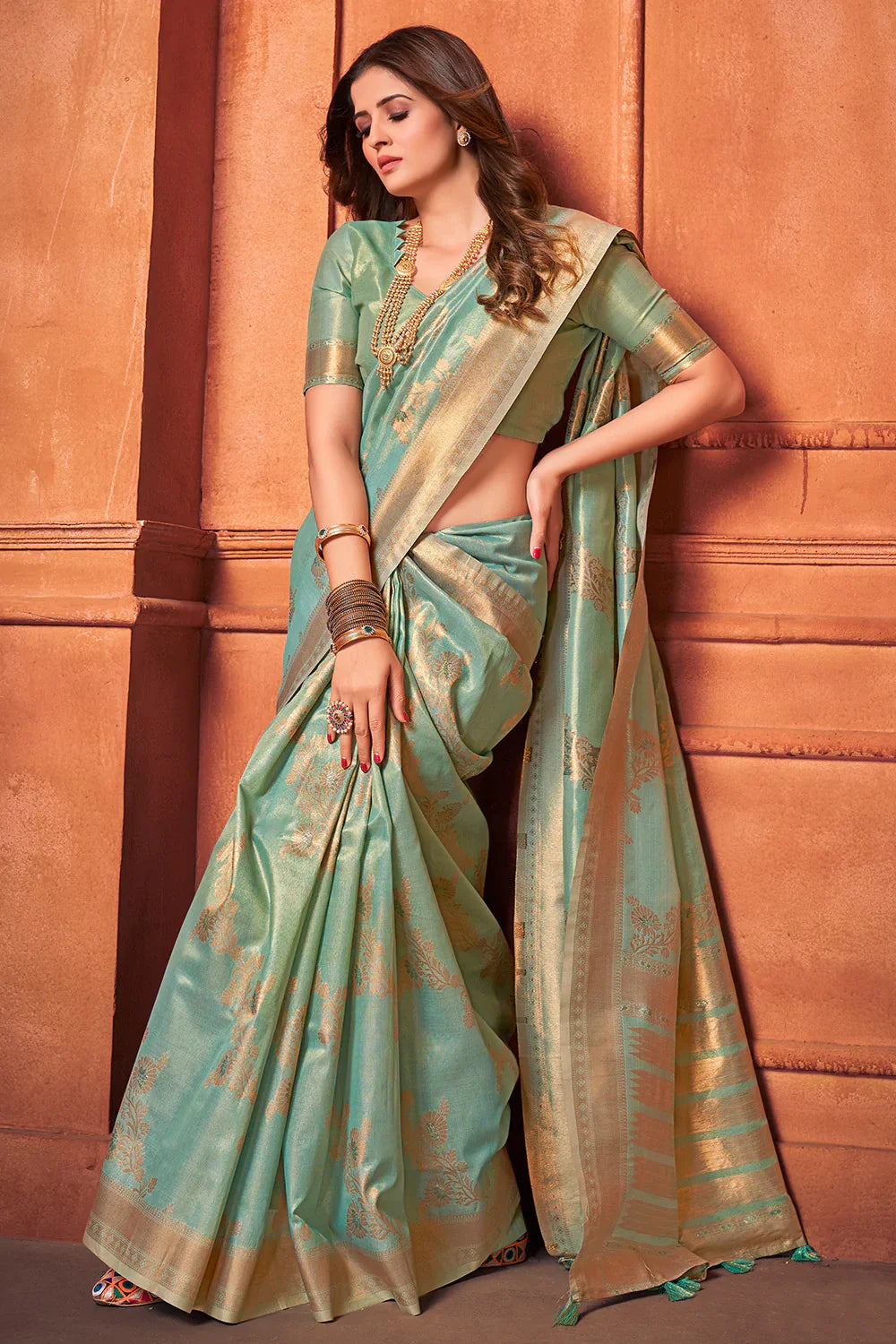 Avocado Green Cotton Tissue Silk Saree