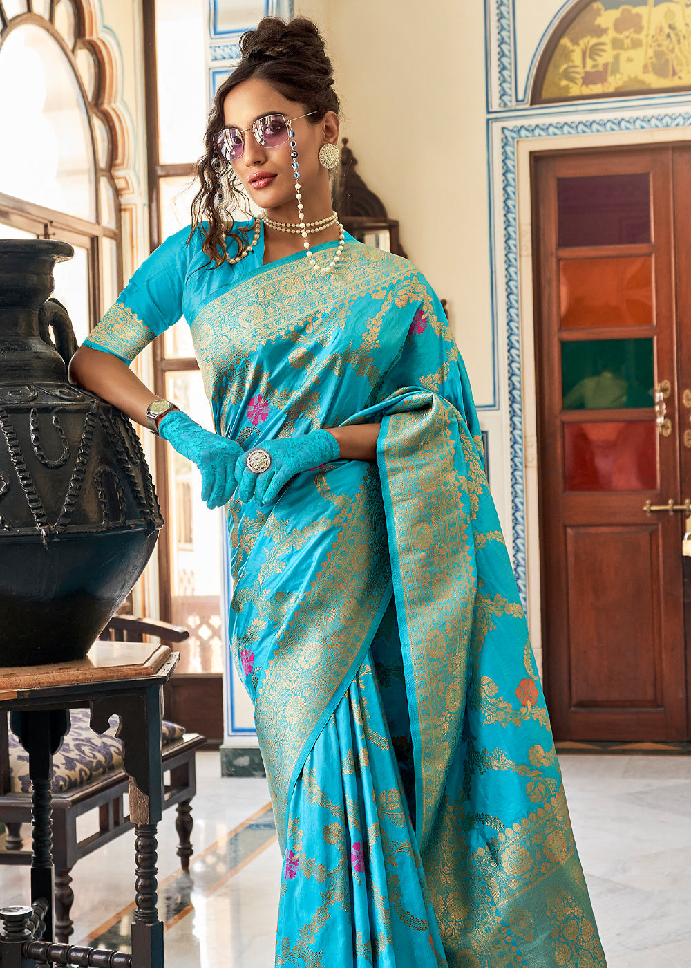 Aquamarine Blue Zari Woven Dola Silk Saree