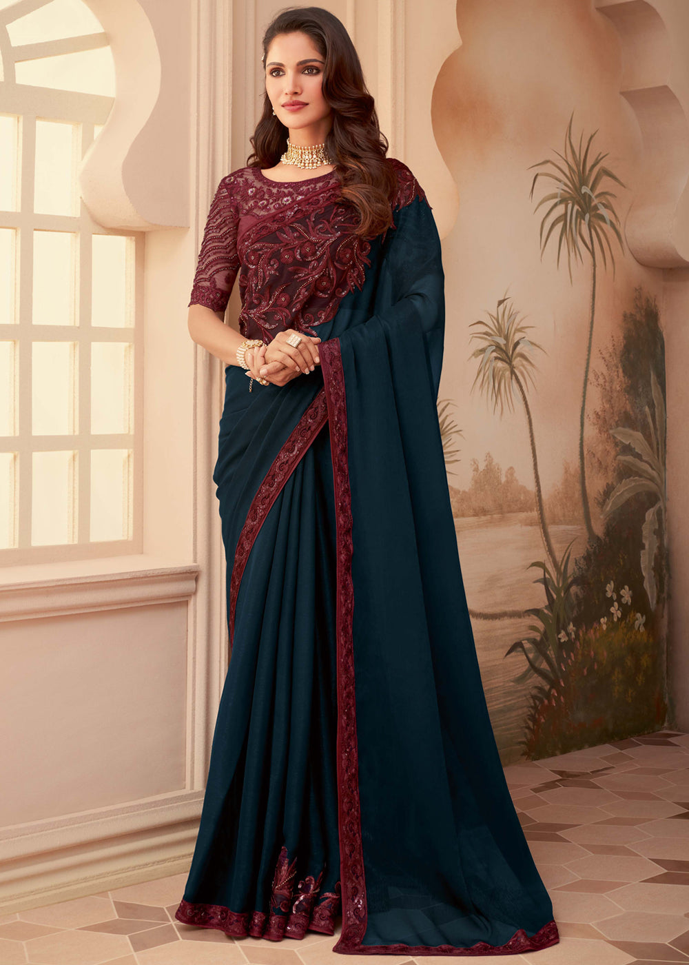 Firefly Blue Georgette Designer Saree with Embroidered Blouse