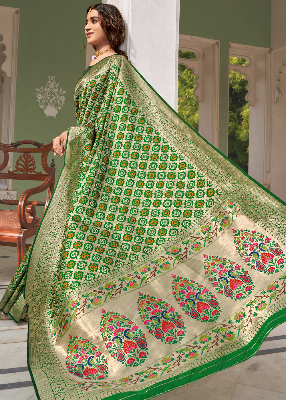 Highland Green Zari Woven Banarasi Brocade Saree