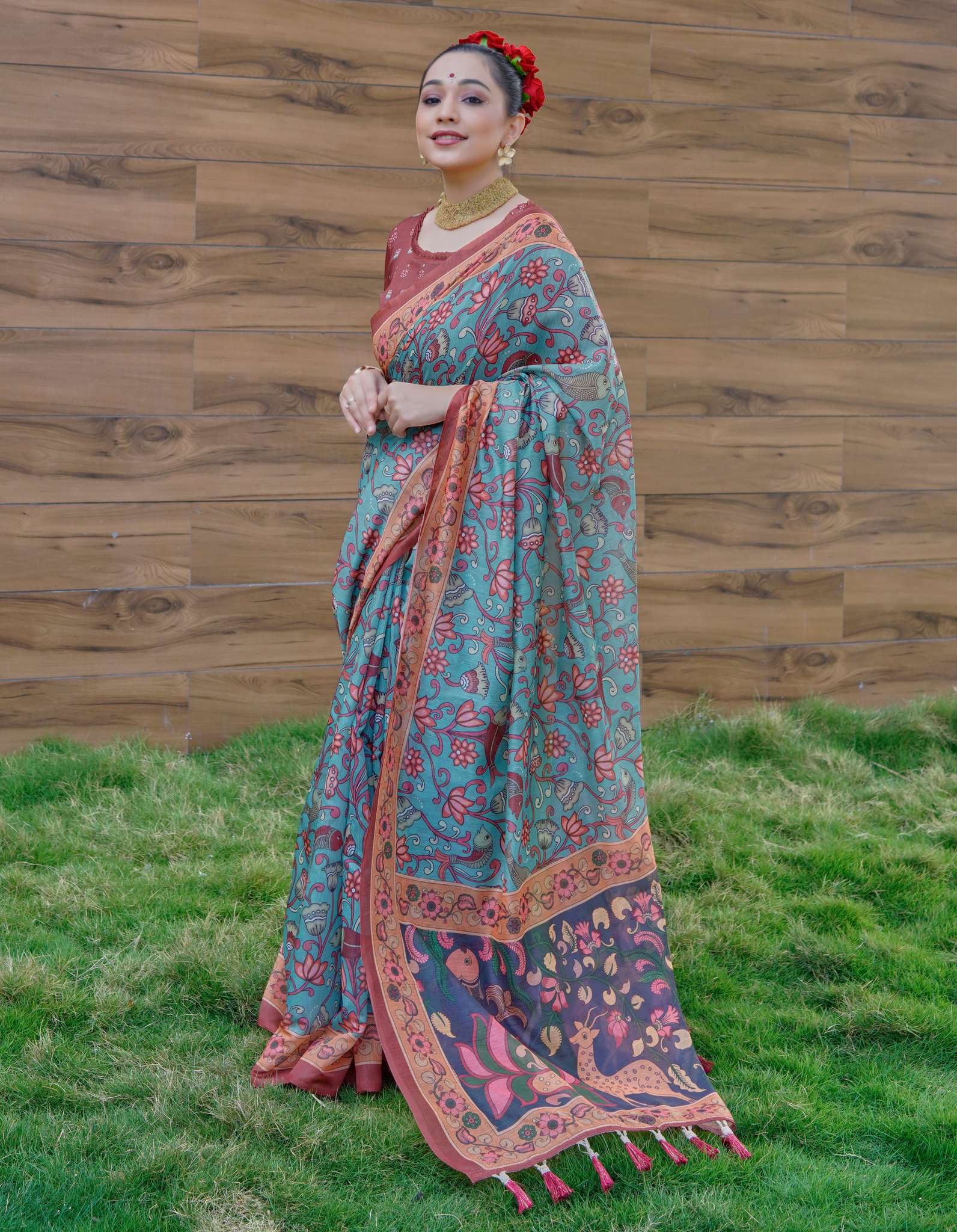 Blue Bell Cotton Kalamkari Printed Saree