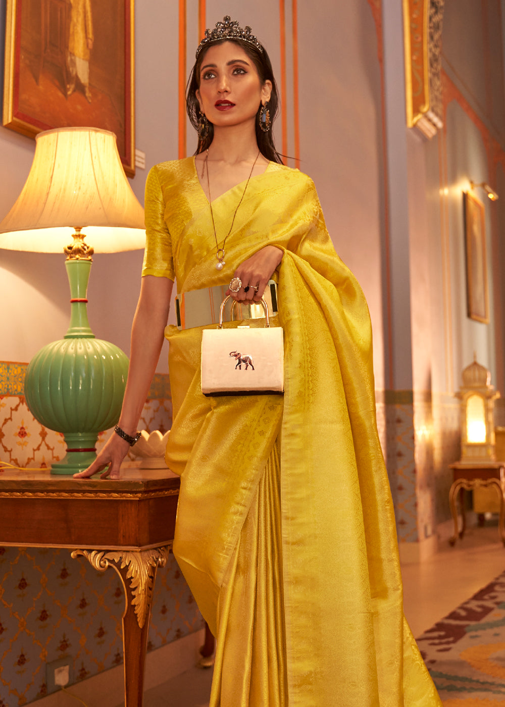 Golden Yellow Dual tone Satin Banarasi Saree