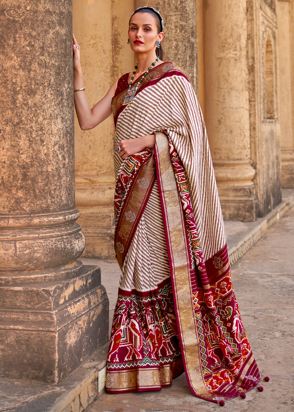 Espresso White and Brown Zari Woven Patola Saree