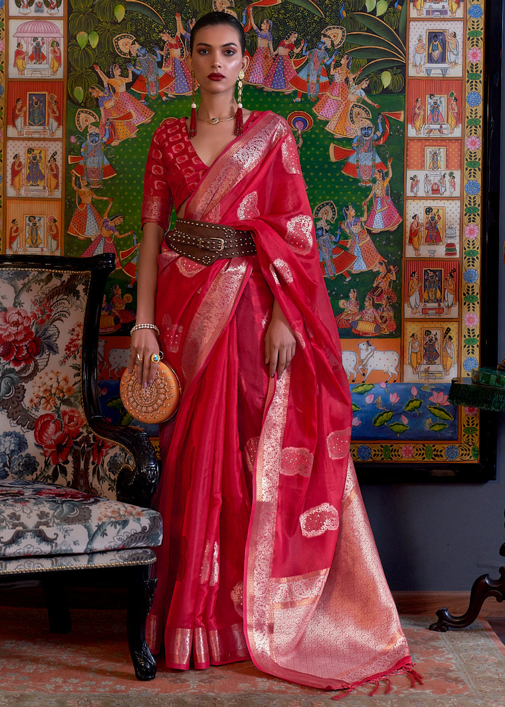 Rose Pearl Red Woven Banarasi Organza Silk Saree