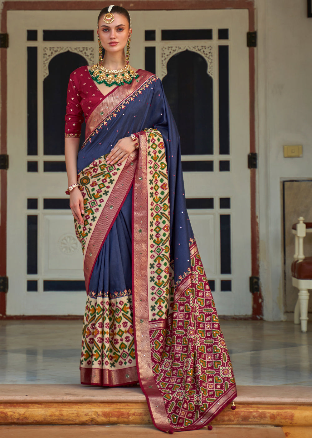 Martinique Blue and Red Woven Patola Silk Saree