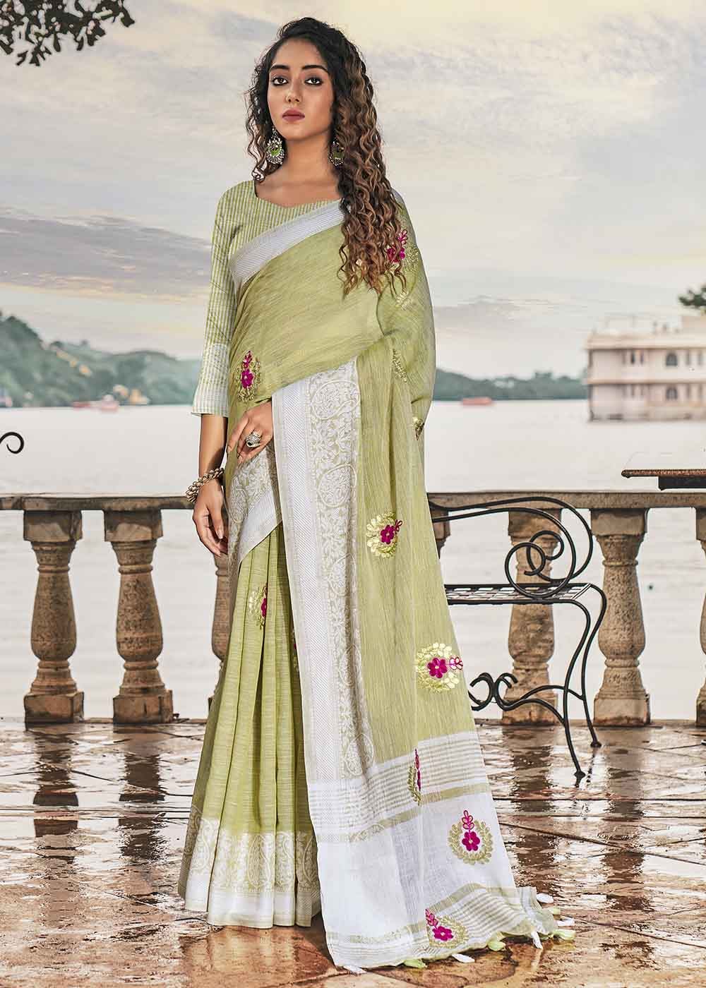 Misty Green Zari Woven Soft Linen Silk Saree