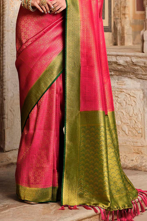 Mandy Pink and Green Zari Woven Kanjivaram Saree