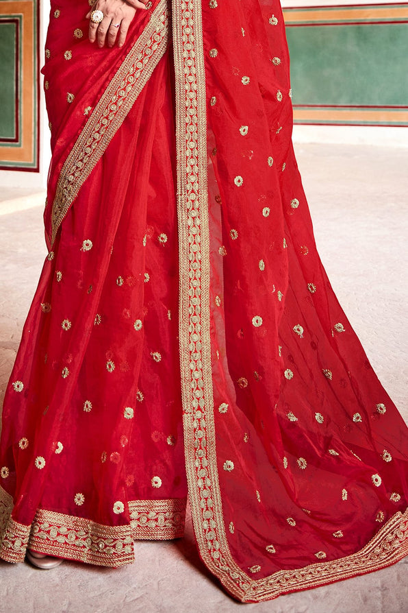 Pearl Red Organza Saree