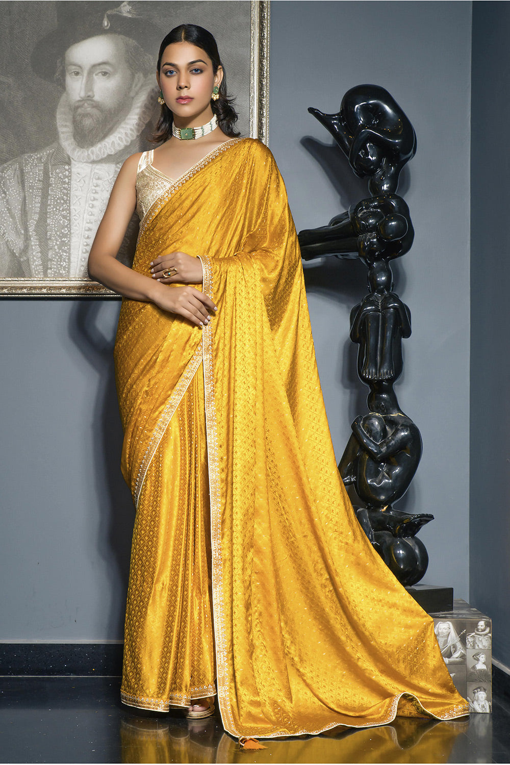 Mustard Yellow Satin Saree