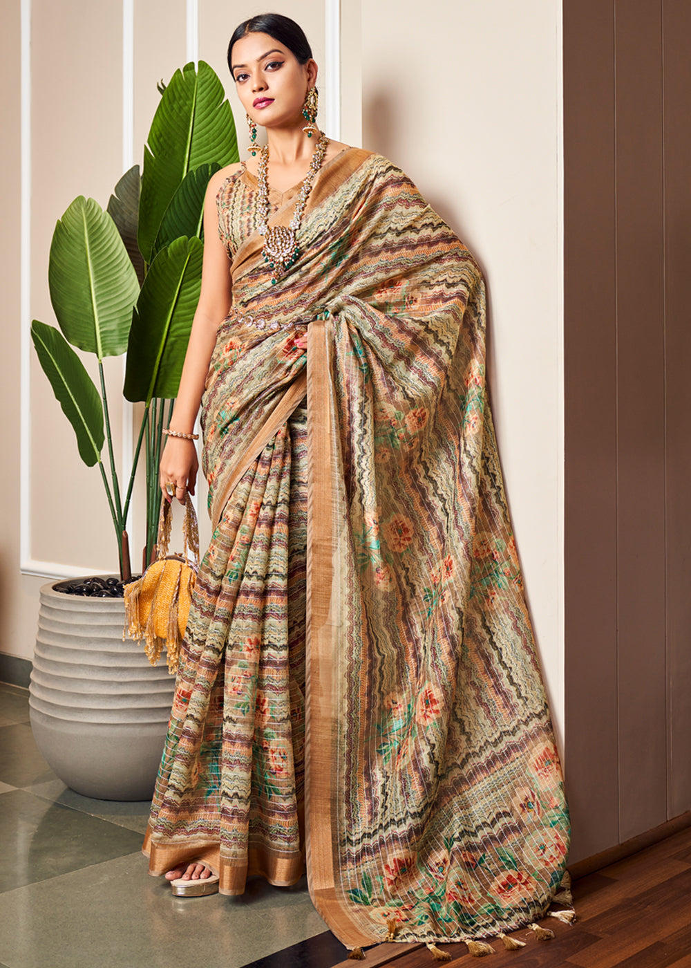 Antique Brass Brown Linen Saree with Digital Print