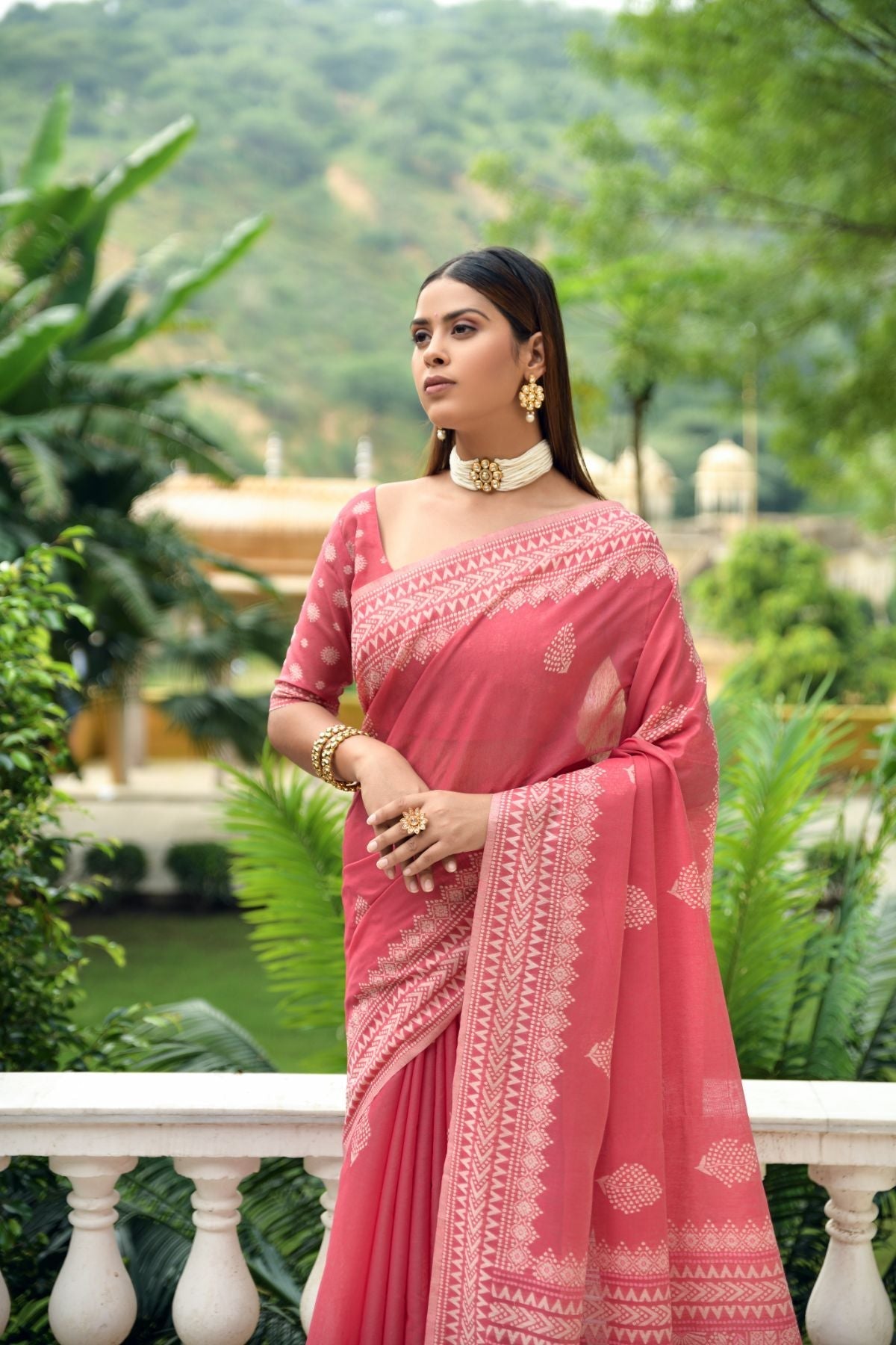 Cornflower Lilac Pink Lucknowi Cotton Saree