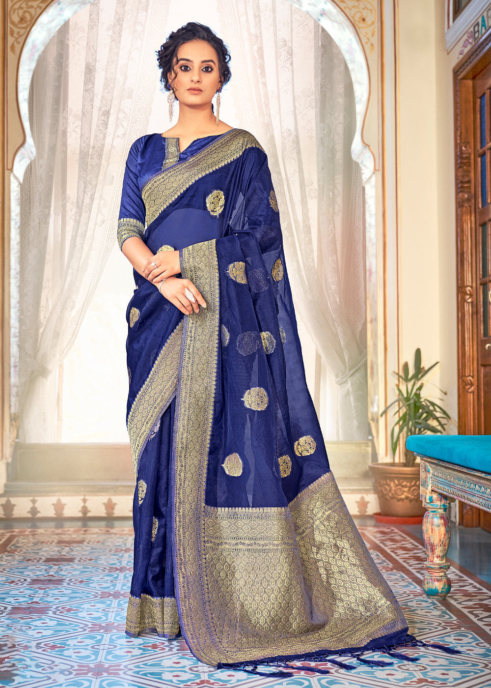 East Bay Blue Zari Woven Banarasi Organza Saree