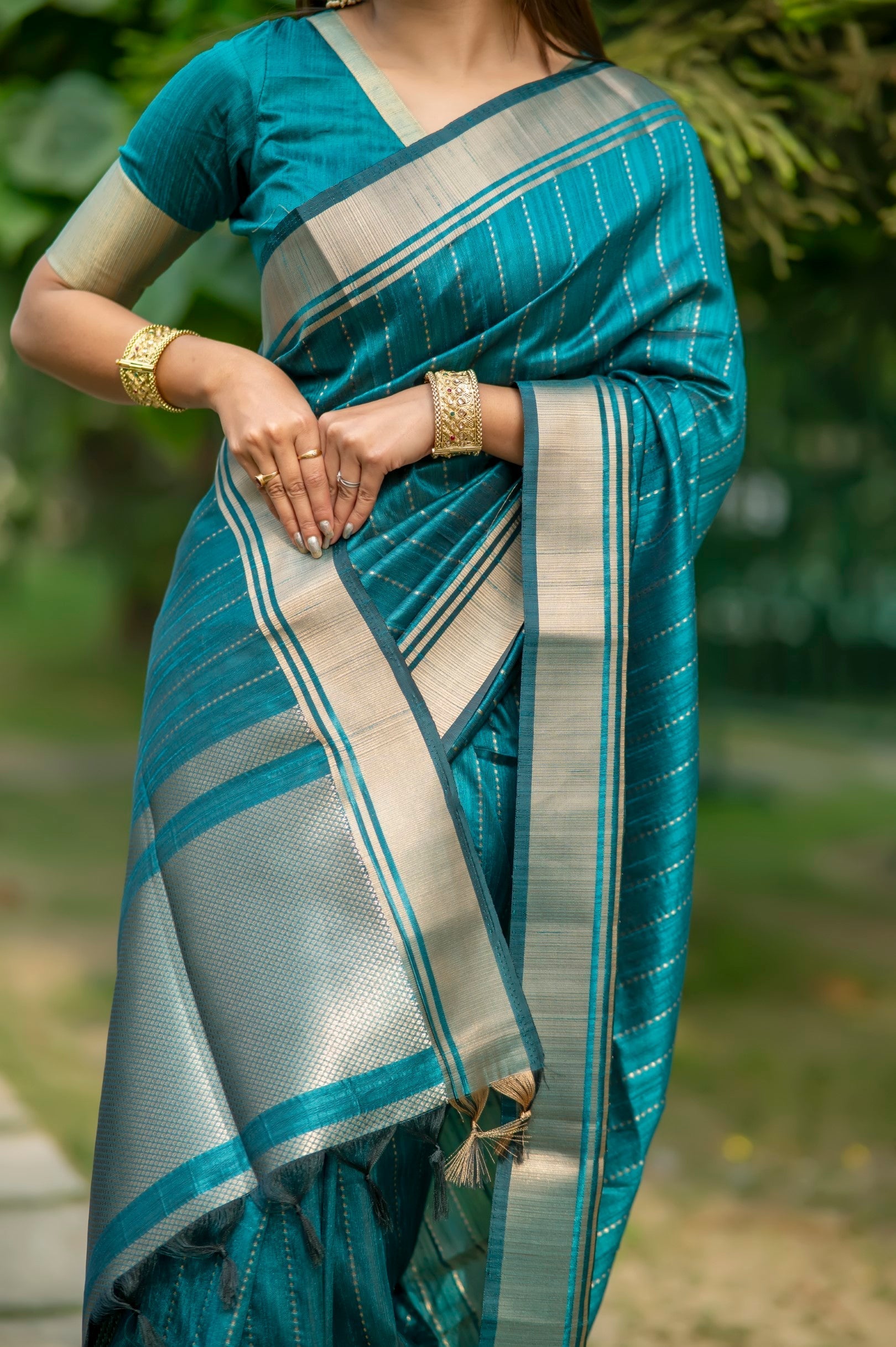 Teal Blue Woven Raw Silk Saree