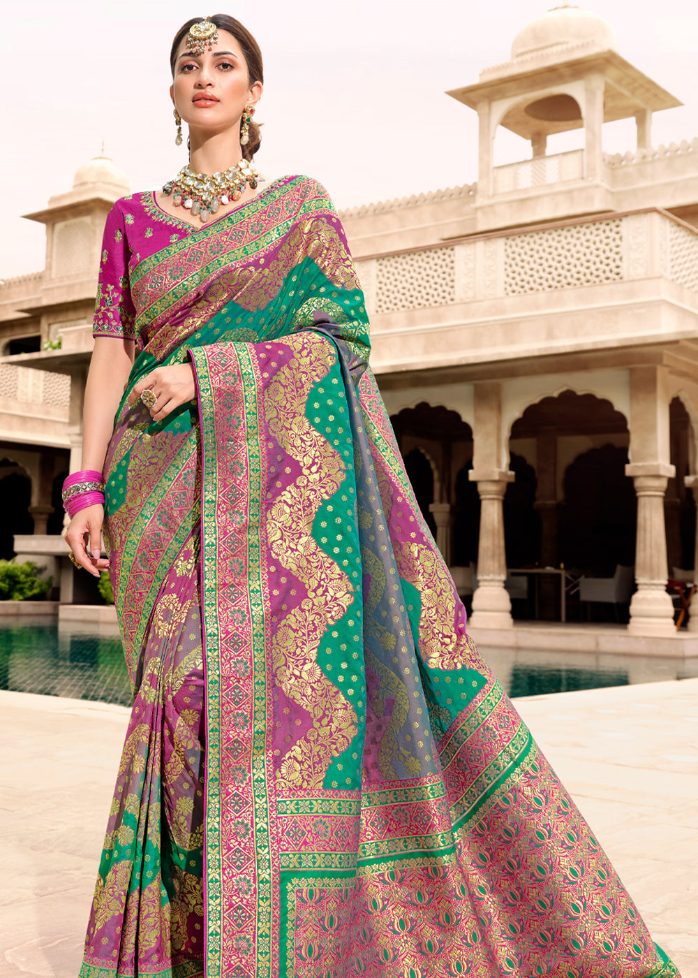 Pine Green and Purple Woven Designer Banarasi Silk Saree