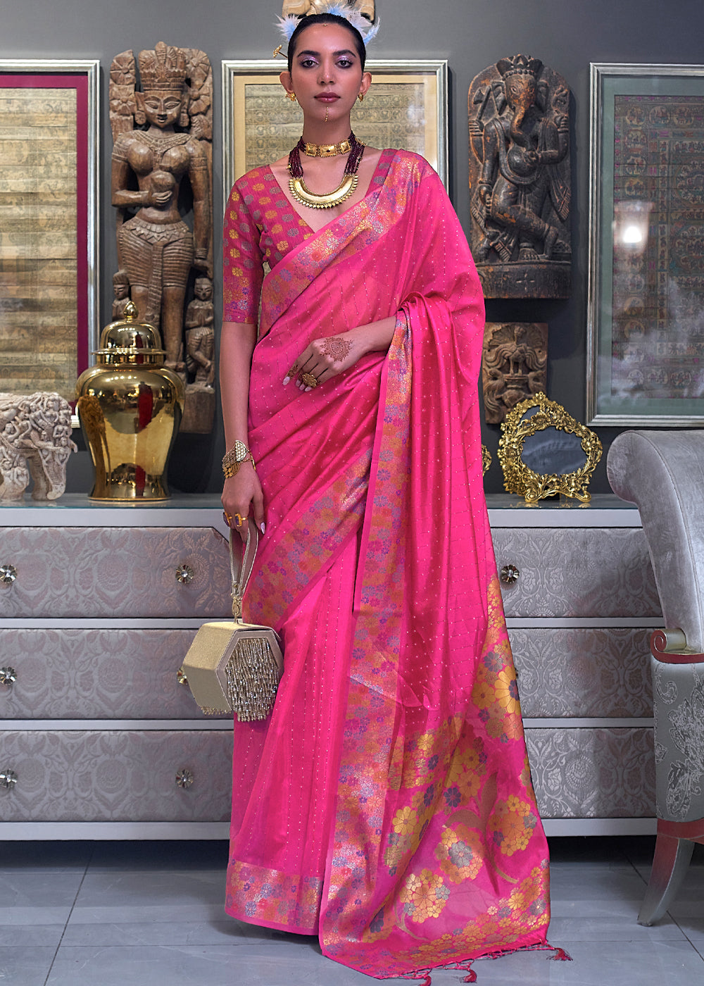 Hot Pink Woven Dual Tone Organza Banarasi Silk Saree