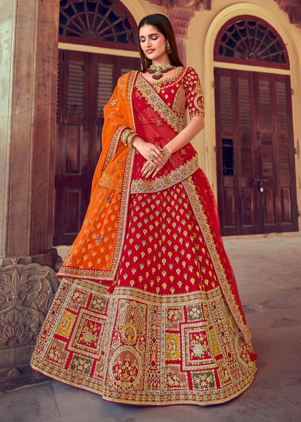 Persian Red and Orange Heavy Embroidered Designer Lehenga