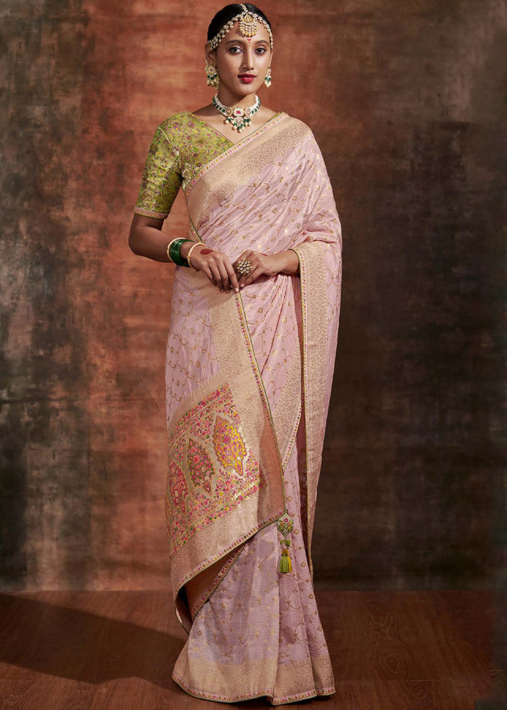 Mandys Pink Woven Banarasi Soft Silk Saree