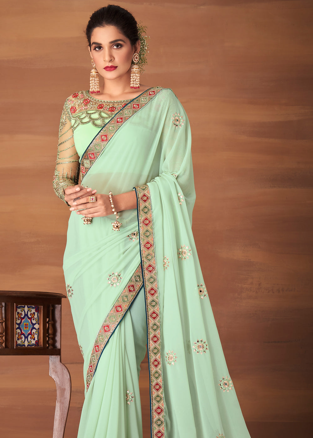 Moss Green Designer Saree with Embroidered Blouse