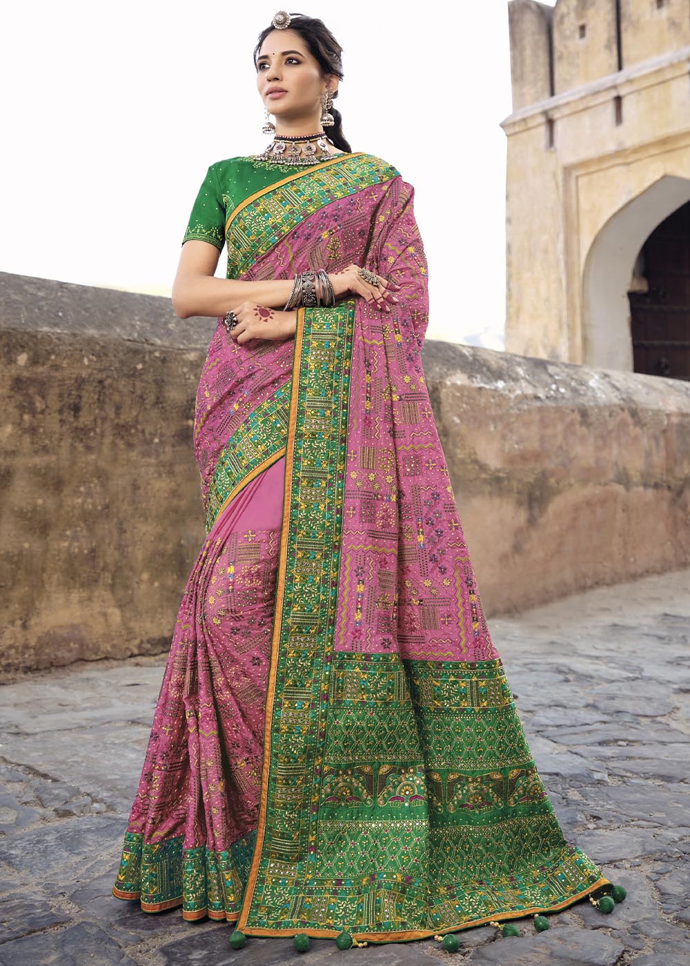 Contessa Pink and Green Banarasi Saree with Kachhi,Mirror and Diamond Work