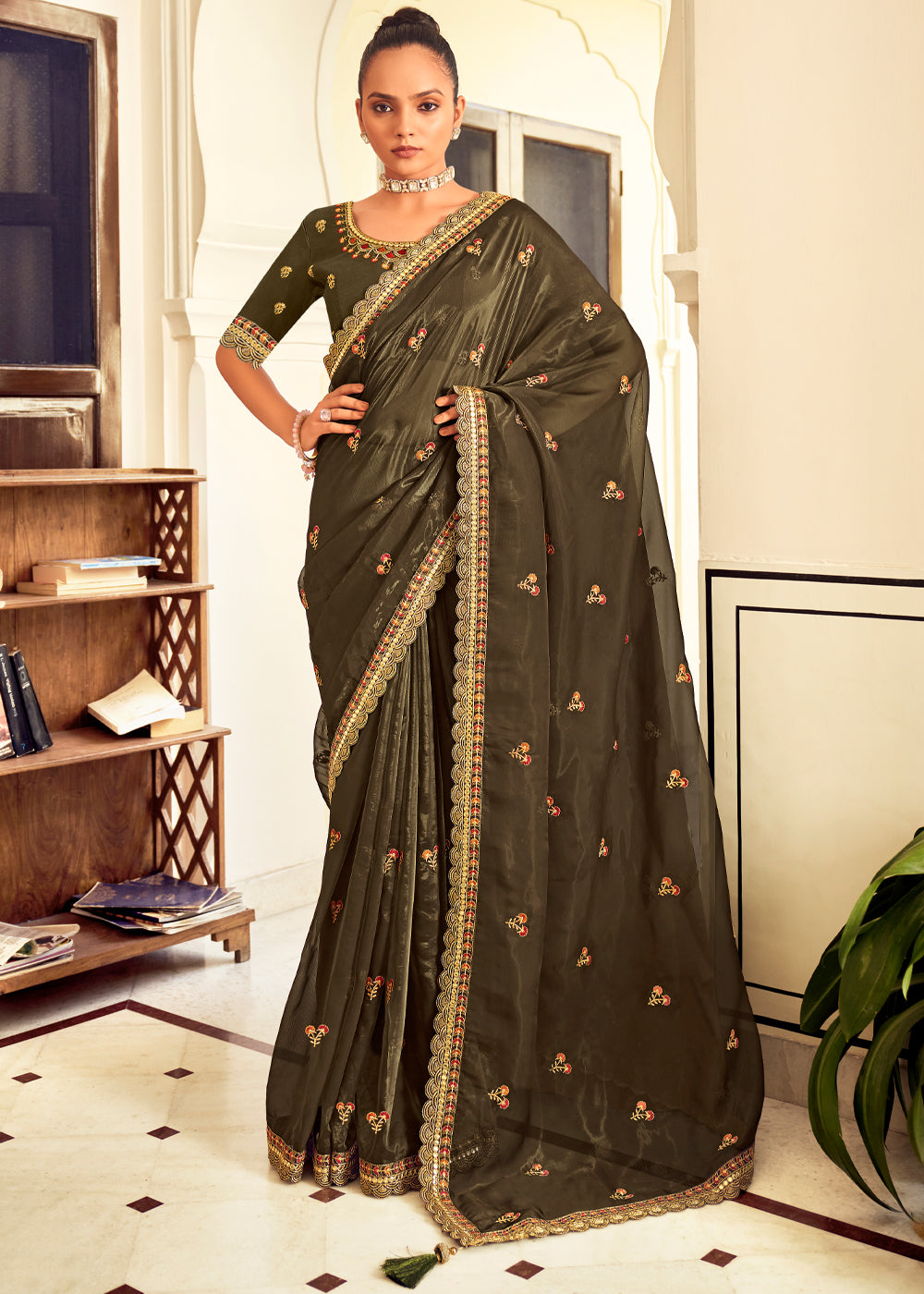 Costa Del Sol Green Woven Banarasi Georgette Silk Saree