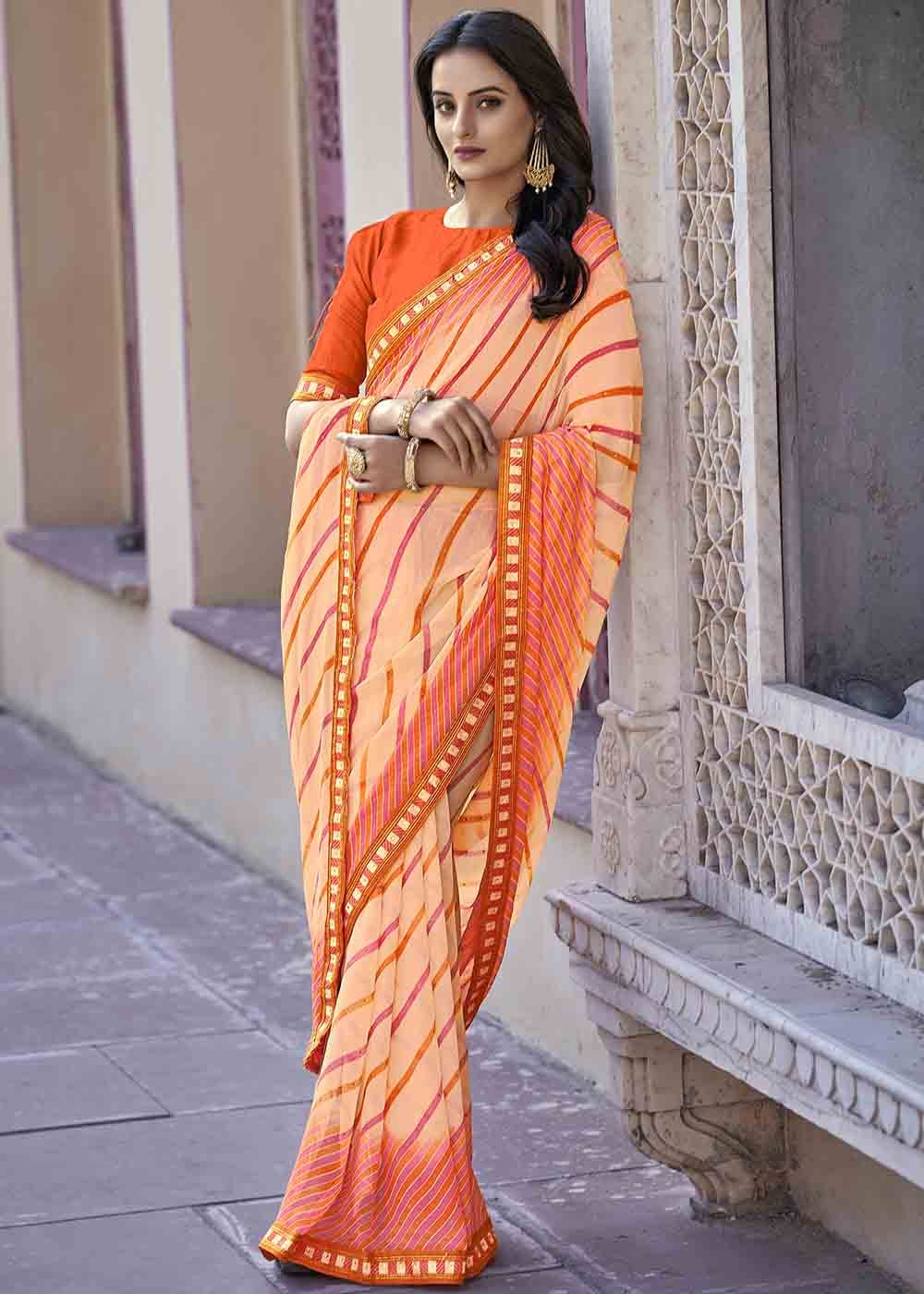 Heath Orange Printed Georgette Saree