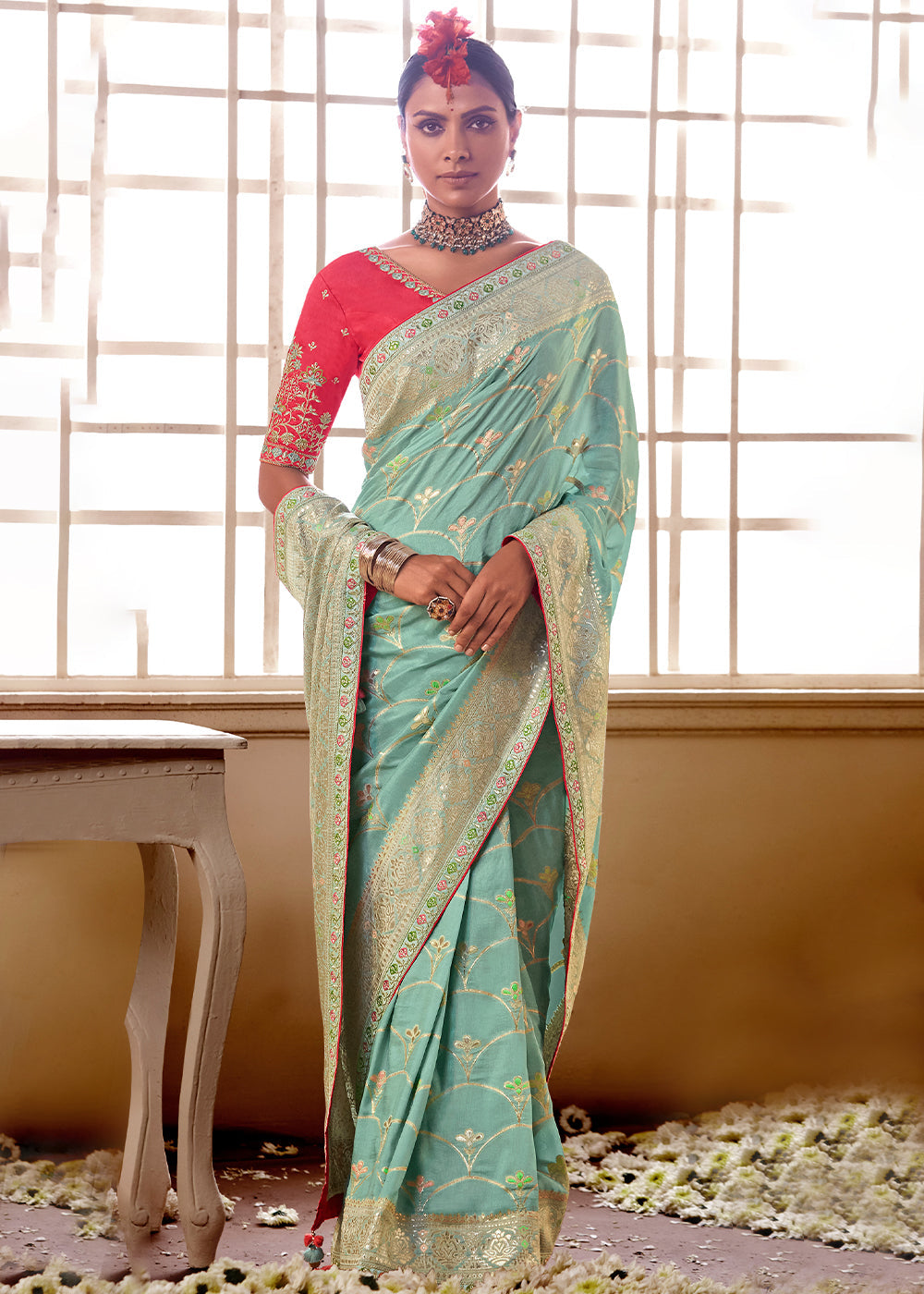 Summer Blue Banarasi Saree with Designer Blouse