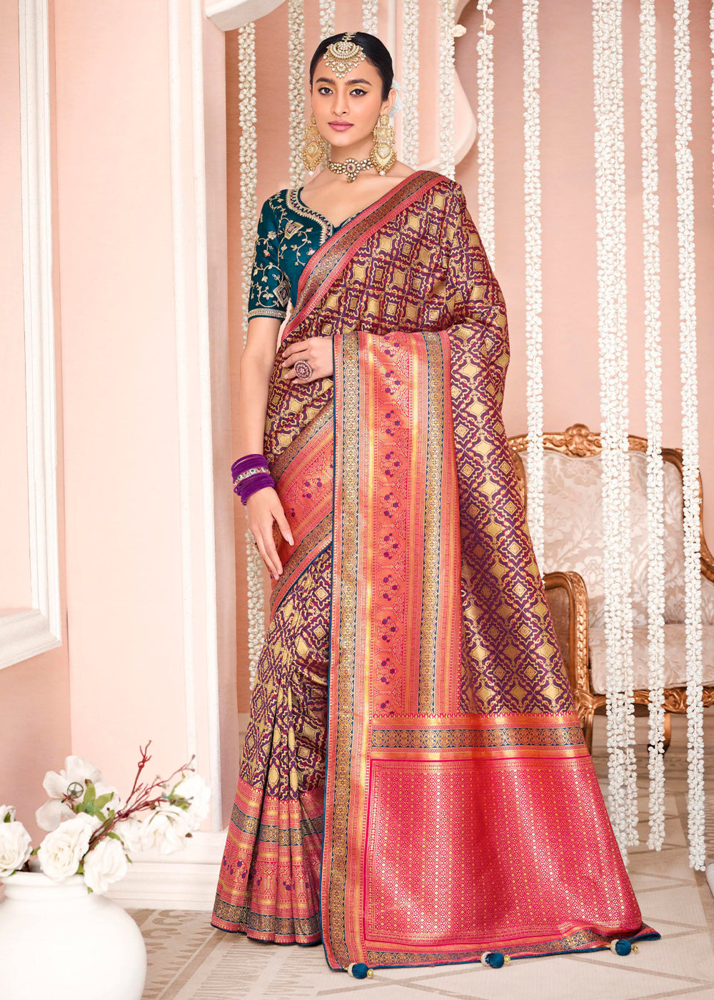 Copper Purple and Blue Zari Woven Banarasi Saree with Designer Blouse