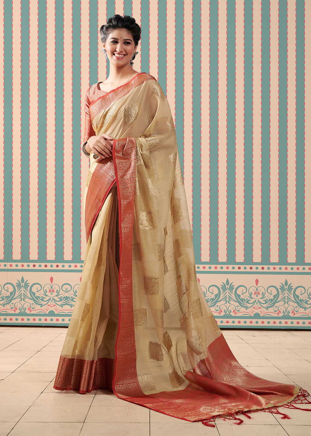 Muddy Water Cream Zari Woven Banarasi Brocade Linen Saree