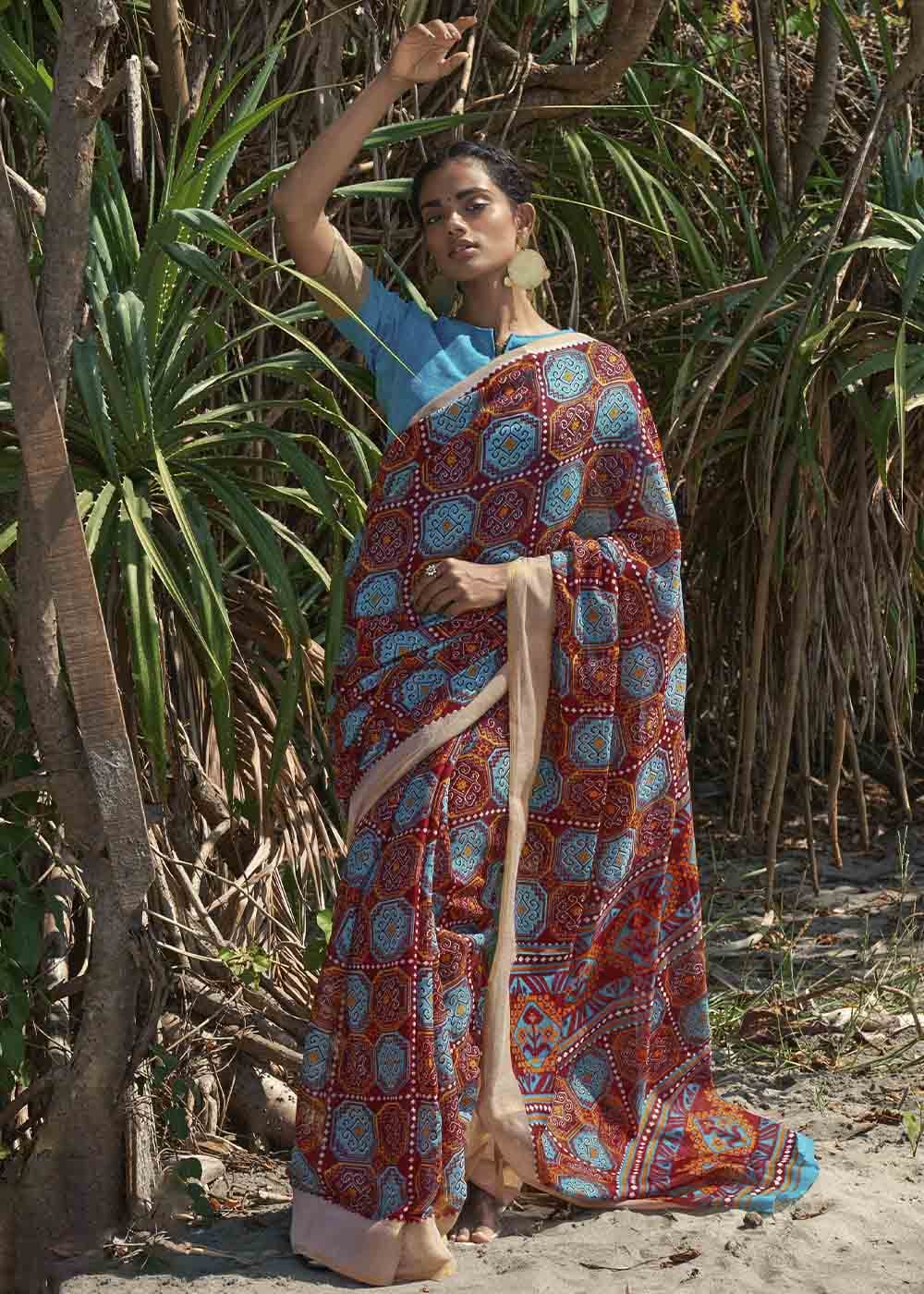 Copper Rust Brown and Blue Printed Cotton Saree