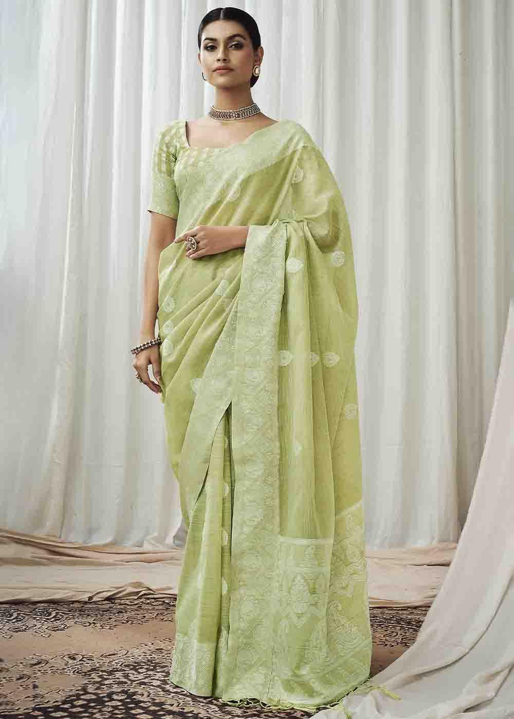 Misty Green Chikankari Linen Saree