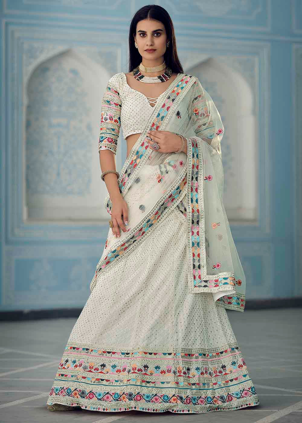 Swirl White Georgette Lehenga Choli