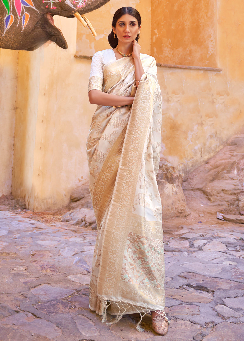 Almond White Zari Woven Banarasi Handloom Saree