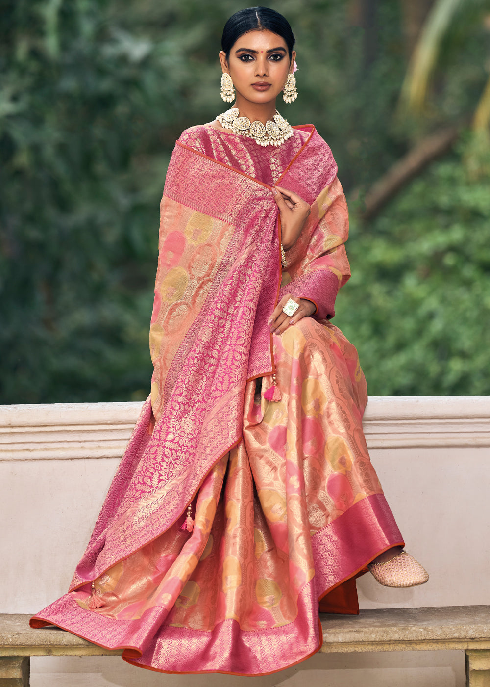 Copperfield Peach Woven Organza Banarasi Silk Saree